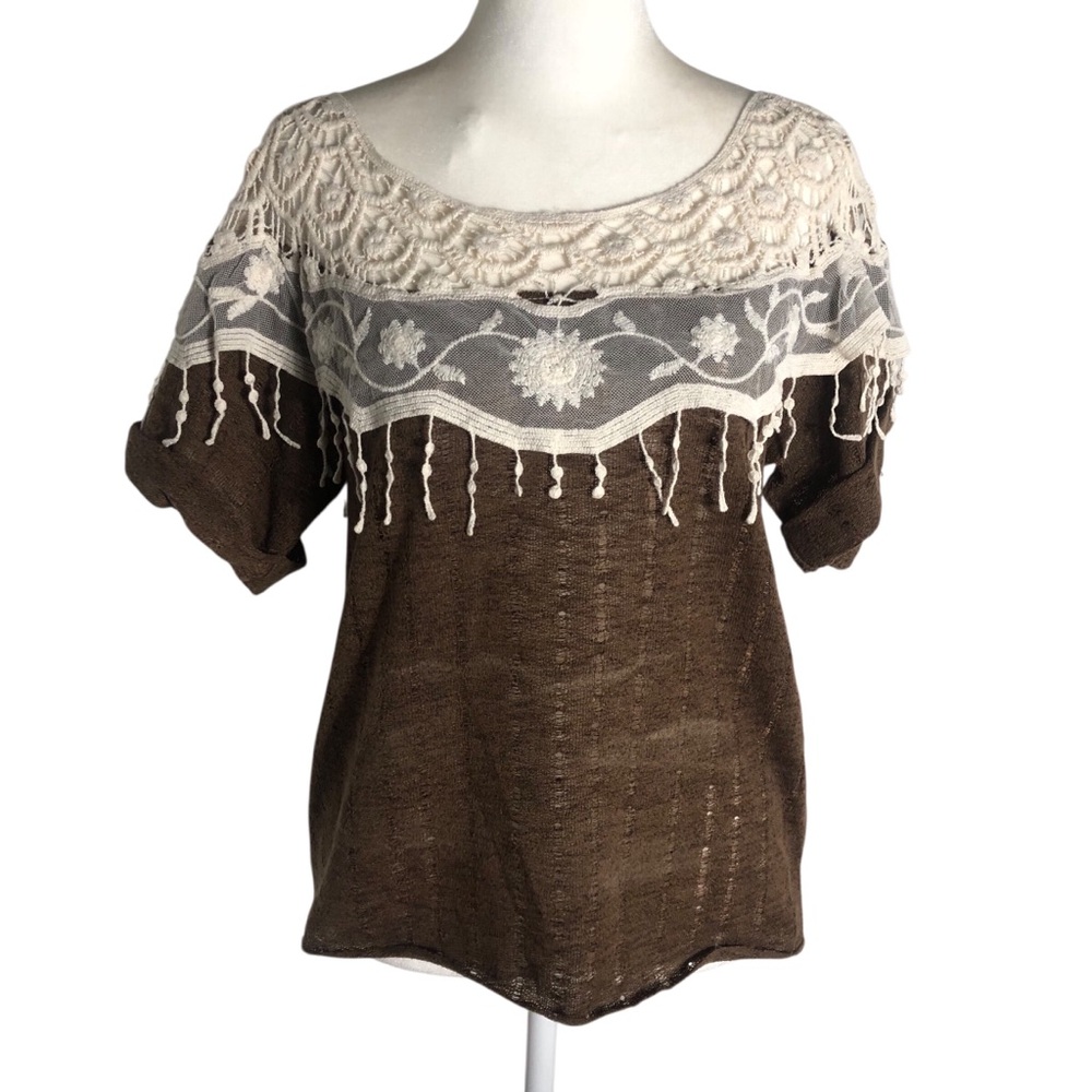 Poema brown/white crochet boho short sleeve top Sz Small